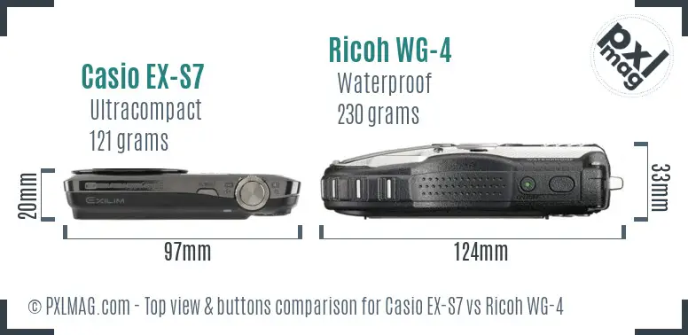 Casio EX-S7 vs Ricoh WG-4 top view buttons comparison