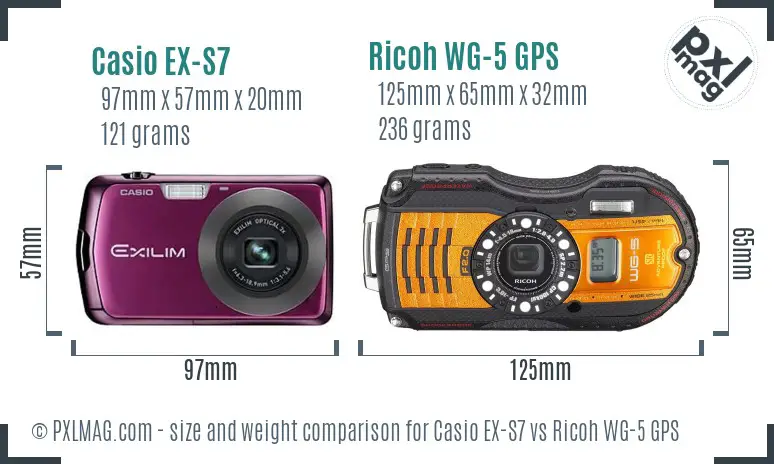 Casio EX-S7 vs Ricoh WG-5 GPS size comparison