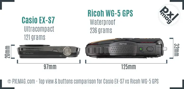 Casio EX-S7 vs Ricoh WG-5 GPS top view buttons comparison
