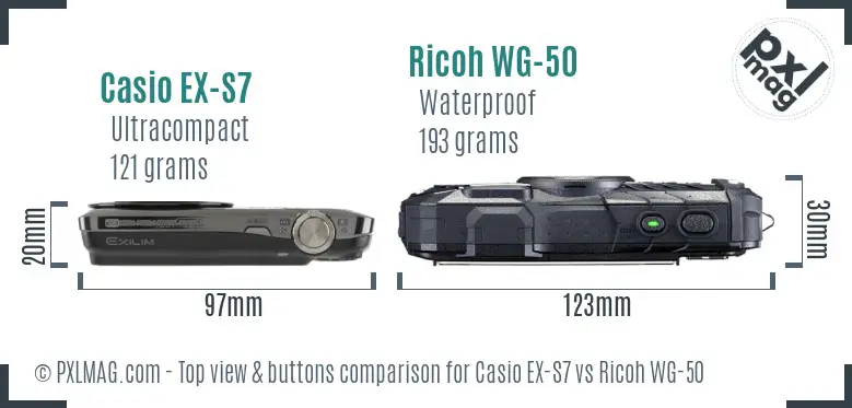 Casio EX-S7 vs Ricoh WG-50 top view buttons comparison