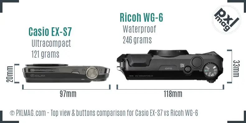 Casio EX-S7 vs Ricoh WG-6 top view buttons comparison Casio EX-S7 vs Ricoh WG-6 top view buttons comparison
