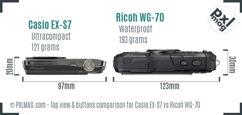 Casio EX-S7 vs Ricoh WG-70 top view buttons comparison