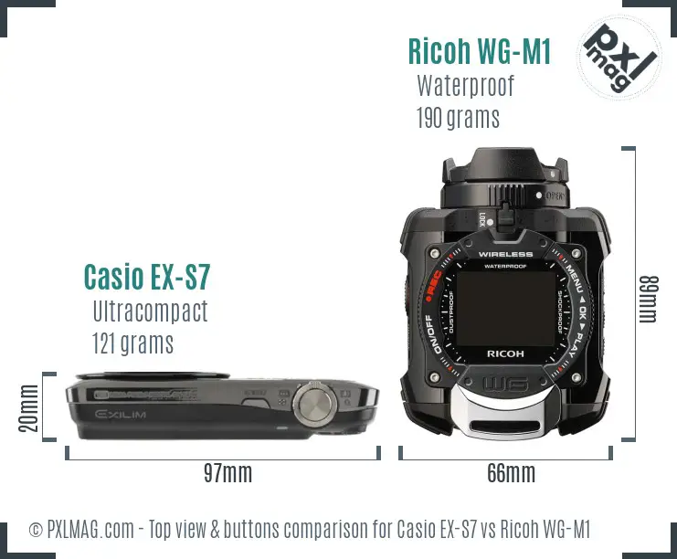 Casio EX-S7 vs Ricoh WG-M1 top view buttons comparison