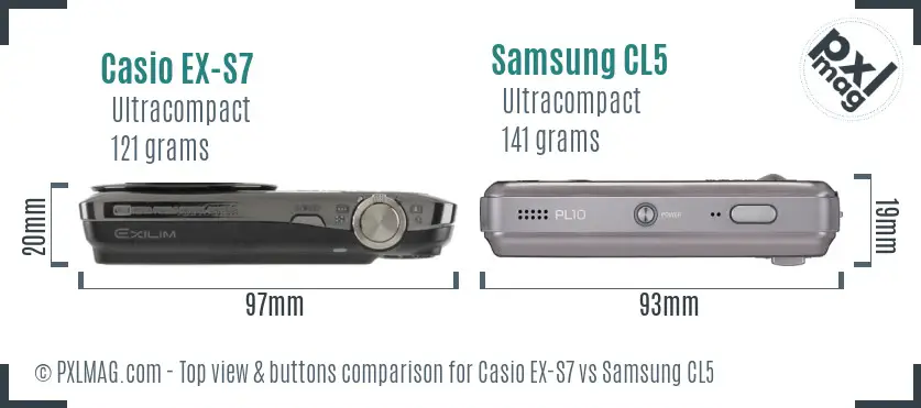 Casio EX-S7 vs Samsung CL5 top view buttons comparison