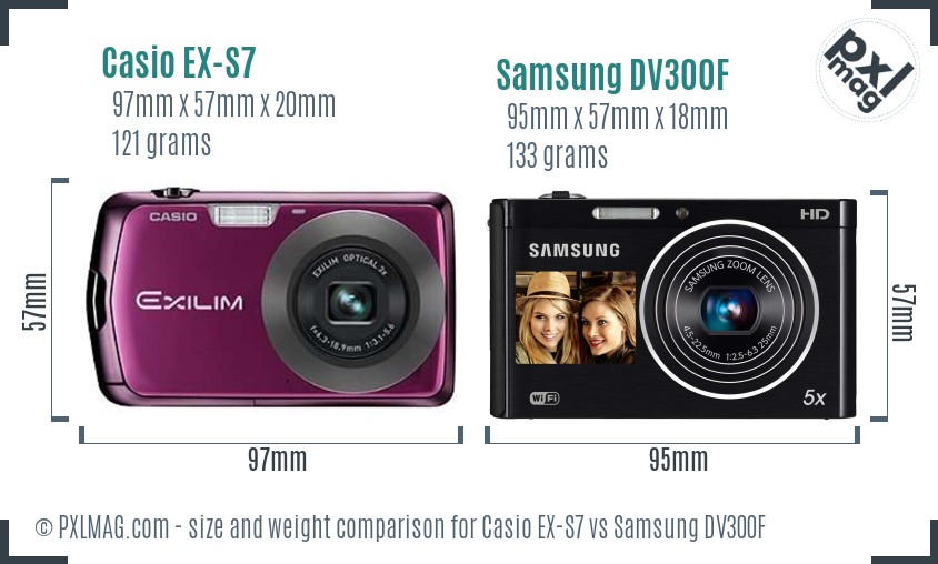 Casio EX-S7 vs Samsung DV300F size comparison