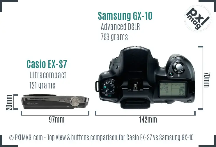 Casio EX-S7 vs Samsung GX-10 top view buttons comparison