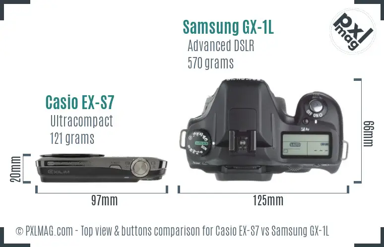 Casio EX-S7 vs Samsung GX-1L top view buttons comparison