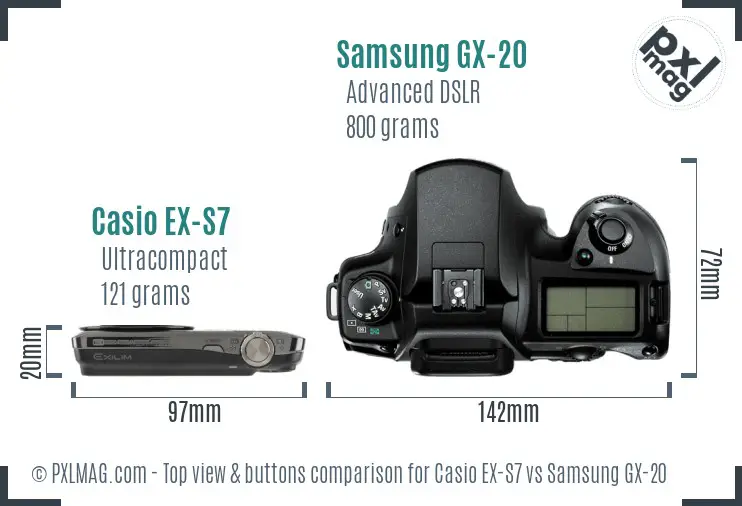 Casio EX-S7 vs Samsung GX-20 top view buttons comparison