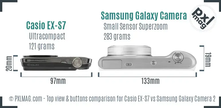 Casio EX-S7 vs Samsung Galaxy Camera 2 top view buttons comparison