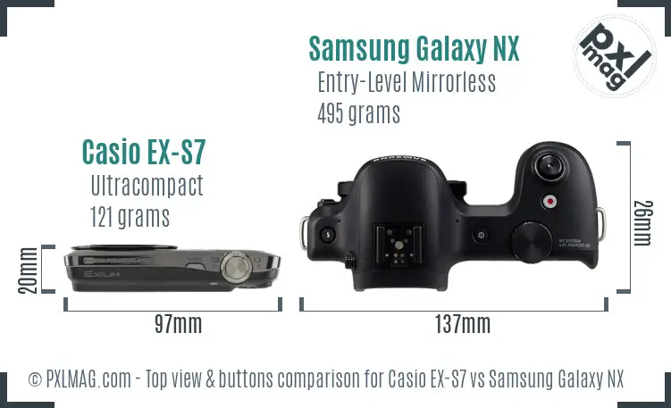 Casio EX-S7 vs Samsung Galaxy NX top view buttons comparison