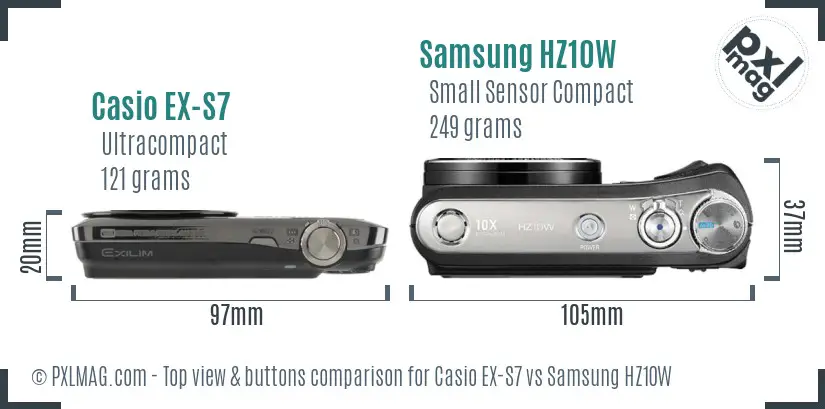 Casio EX-S7 vs Samsung HZ10W top view buttons comparison Casio EX-S7 vs Samsung HZ10W top view buttons comparison
