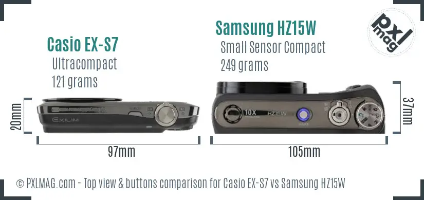 Casio EX-S7 vs Samsung HZ15W top view buttons comparison Casio EX-S7 vs Samsung HZ15W top view buttons comparison