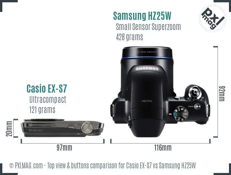 Casio EX-S7 vs Samsung HZ25W top view buttons comparison