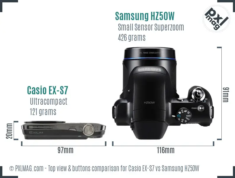 Casio EX-S7 vs Samsung HZ50W top view buttons comparison Casio EX-S7 vs Samsung HZ50W top view buttons comparison