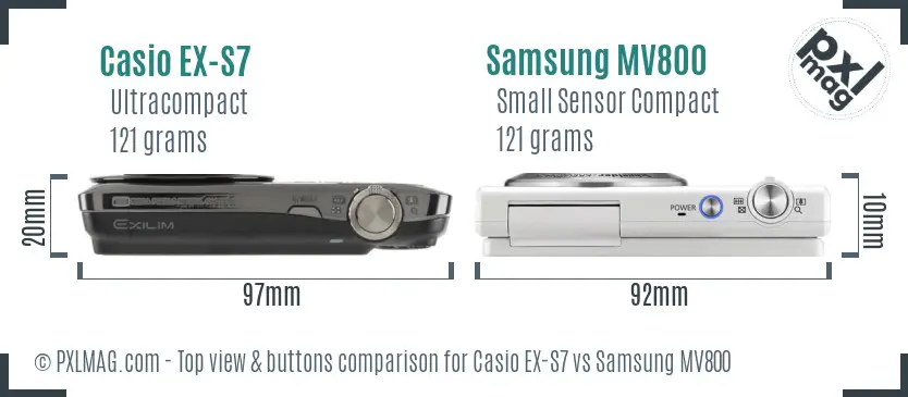 Casio EX-S7 vs Samsung MV800 top view buttons comparison Casio EX-S7 vs Samsung MV800 top view buttons comparison