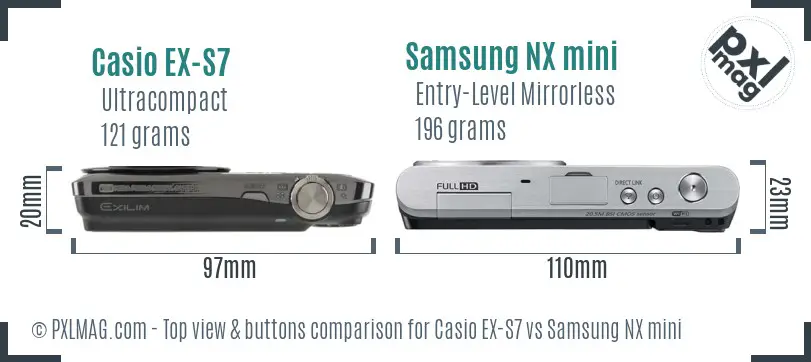 Casio EX-S7 vs Samsung NX mini top view buttons comparison