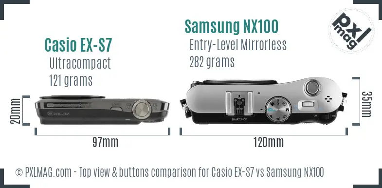 Casio EX-S7 vs Samsung NX100 top view buttons comparison