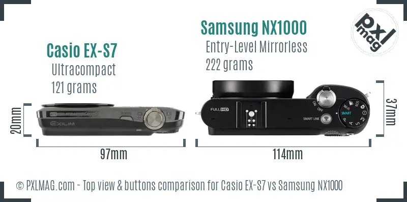 Casio EX-S7 vs Samsung NX1000 top view buttons comparison