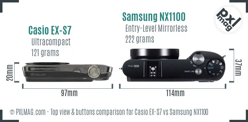 Casio EX-S7 vs Samsung NX1100 top view buttons comparison