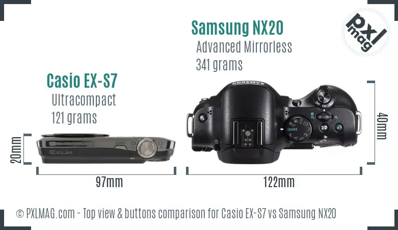 Casio EX-S7 vs Samsung NX20 top view buttons comparison Casio EX-S7 vs Samsung NX20 top view buttons comparison