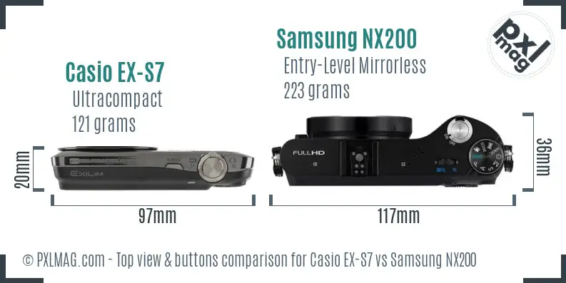 Casio EX-S7 vs Samsung NX200 top view buttons comparison Casio EX-S7 vs Samsung NX200 top view buttons comparison
