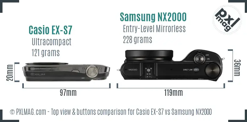 Casio EX-S7 vs Samsung NX2000 top view buttons comparison