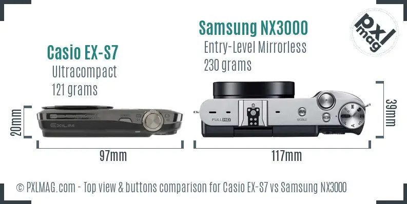 Casio EX-S7 vs Samsung NX3000 top view buttons comparison