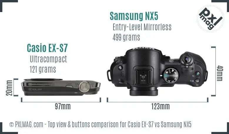 Casio EX-S7 vs Samsung NX5 top view buttons comparison Casio EX-S7 vs Samsung NX5 top view buttons comparison