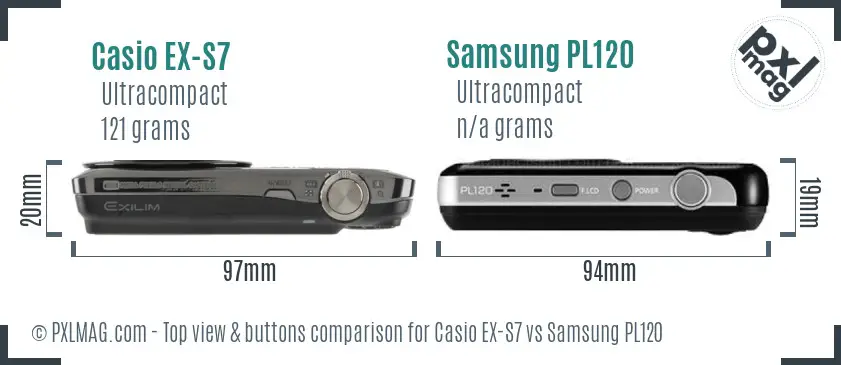 Casio EX-S7 vs Samsung PL120 top view buttons comparison