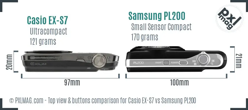 Casio EX-S7 vs Samsung PL200 top view buttons comparison