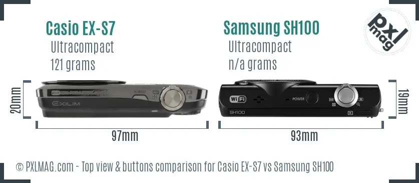 Casio EX-S7 vs Samsung SH100 top view buttons comparison