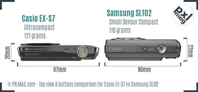 Casio EX-S7 vs Samsung SL102 top view buttons comparison