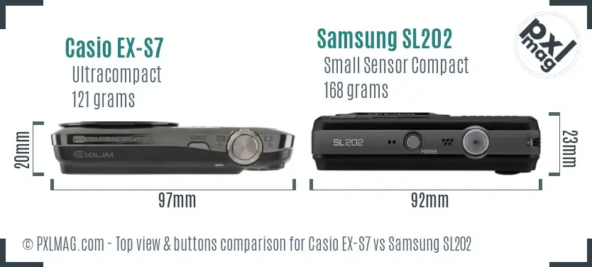 Casio EX-S7 vs Samsung SL202 top view buttons comparison