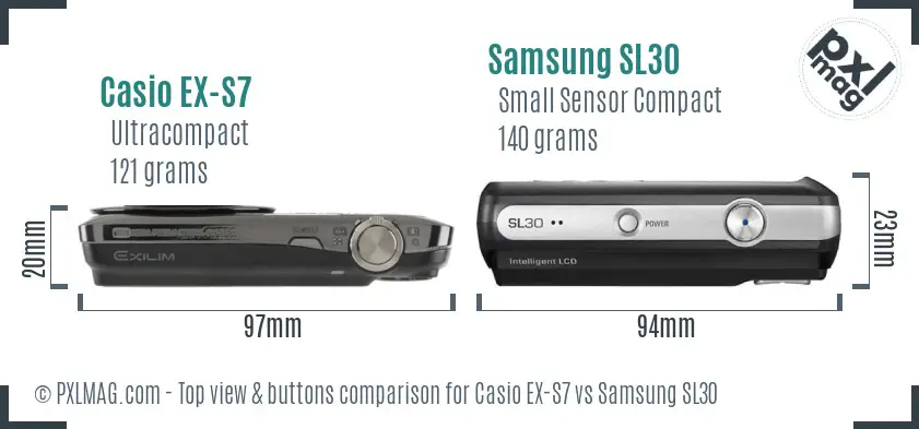 Casio EX-S7 vs Samsung SL30 top view buttons comparison