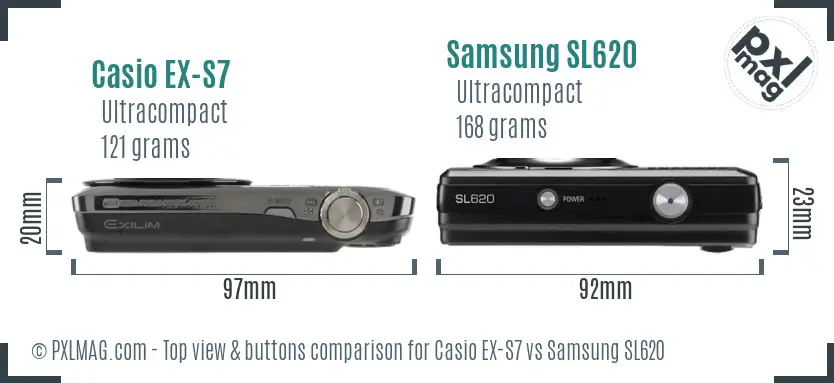 Casio EX-S7 vs Samsung SL620 top view buttons comparison