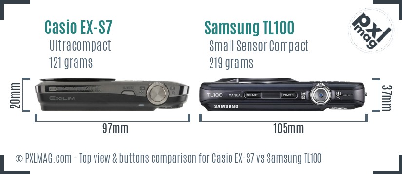 Casio EX-S7 vs Samsung TL100 top view buttons comparison