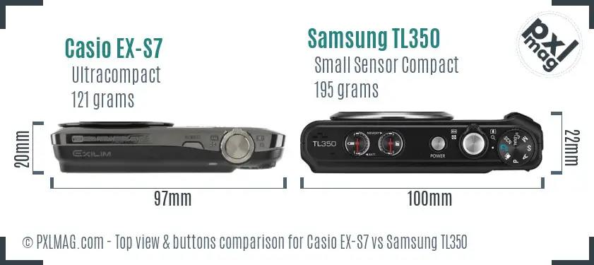 Casio EX-S7 vs Samsung TL350 top view buttons comparison