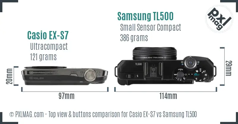 Casio EX-S7 vs Samsung TL500 top view buttons comparison