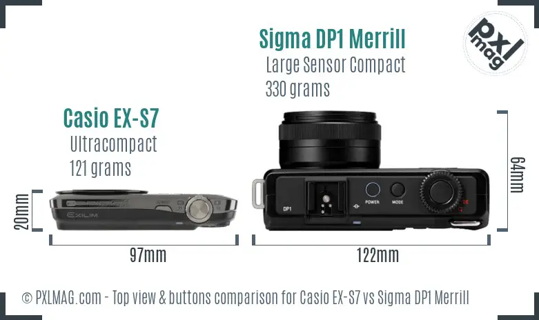 Casio EX-S7 vs Sigma DP1 Merrill top view buttons comparison