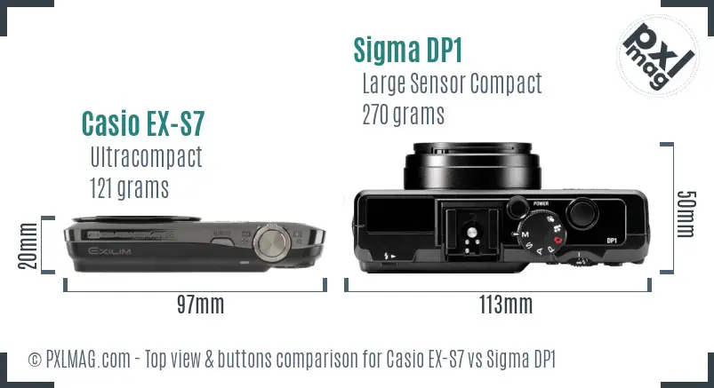 Casio EX-S7 vs Sigma DP1 top view buttons comparison