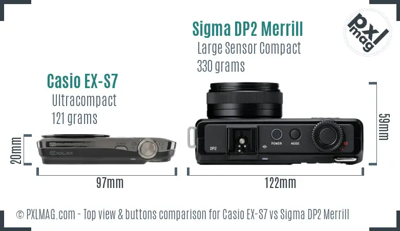 Casio EX-S7 vs Sigma DP2 Merrill top view buttons comparison
