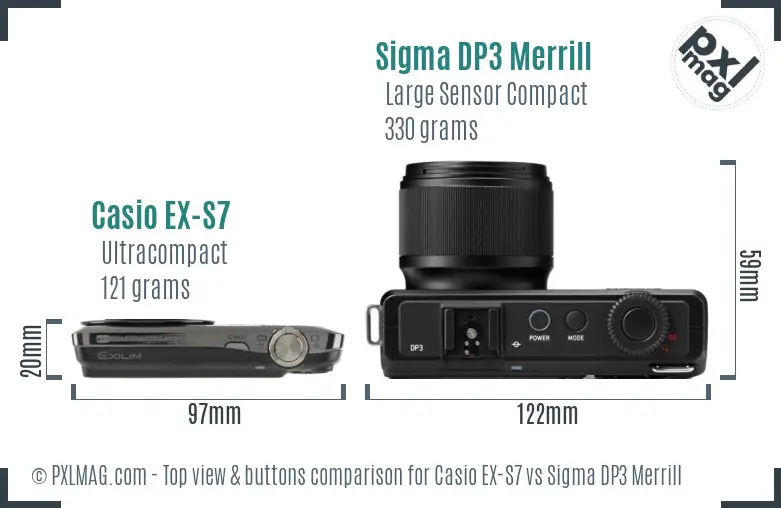 Casio EX-S7 vs Sigma DP3 Merrill top view buttons comparison