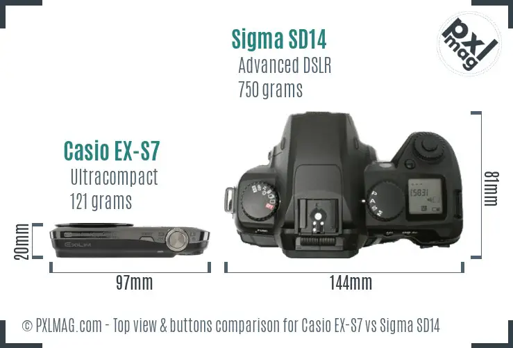 Casio EX-S7 vs Sigma SD14 top view buttons comparison