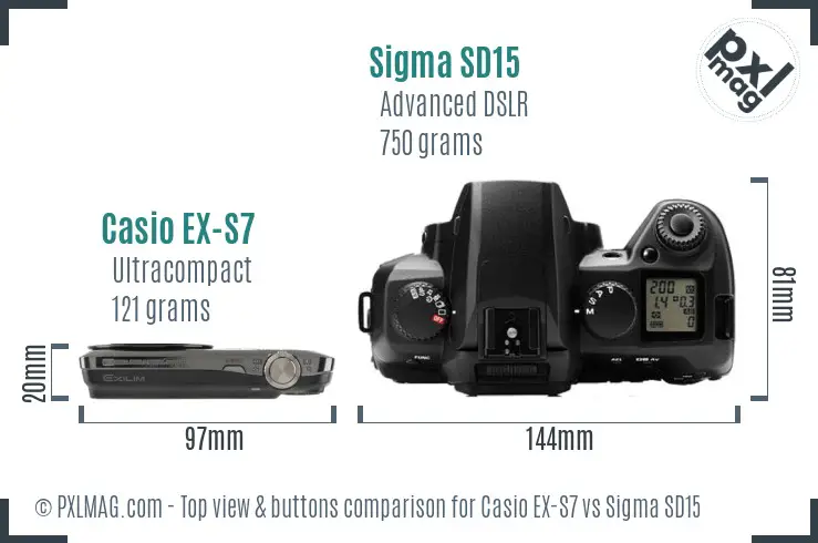 Casio EX-S7 vs Sigma SD15 top view buttons comparison