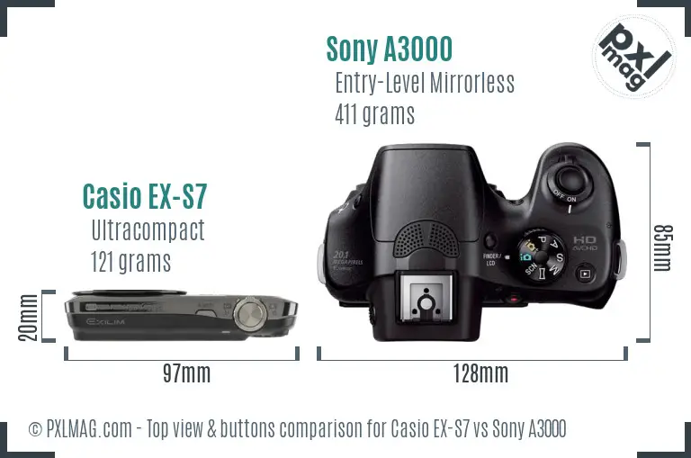 Casio EX-S7 vs Sony A3000 top view buttons comparison