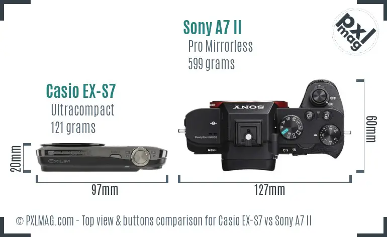 Casio EX-S7 vs Sony A7 II top view buttons comparison