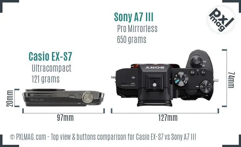 Casio EX-S7 vs Sony A7 III top view buttons comparison