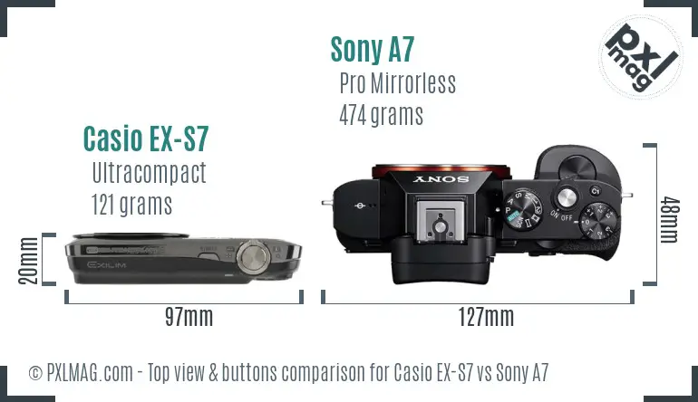 Casio EX-S7 vs Sony A7 top view buttons comparison