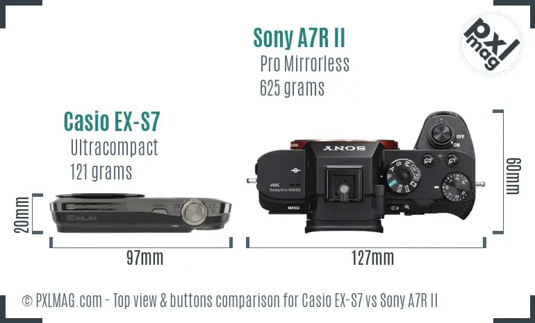 Casio EX-S7 vs Sony A7R II top view buttons comparison