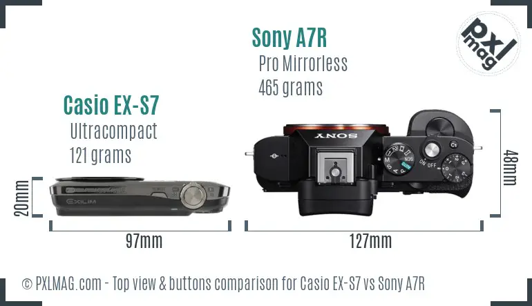 Casio EX-S7 vs Sony A7R top view buttons comparison